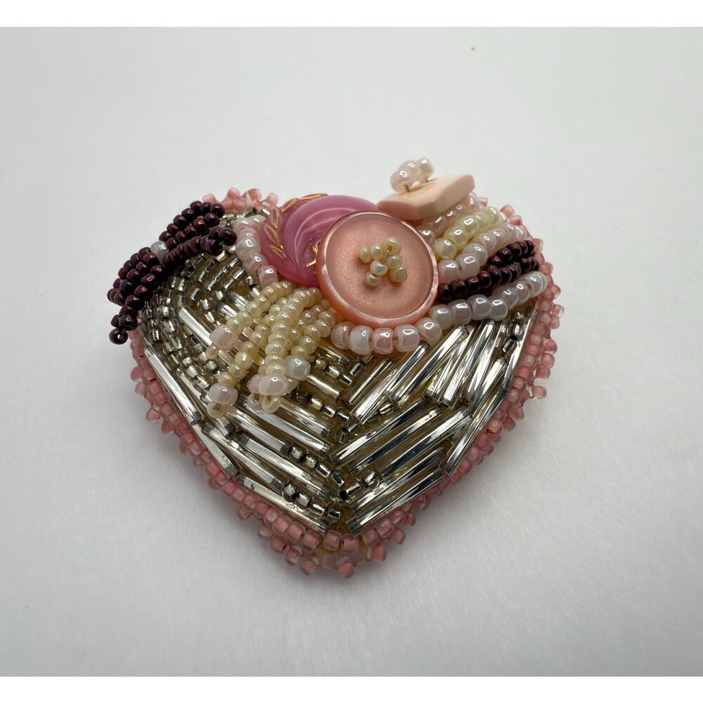 Large Vintage Assemblage Heart Brooch Pin, Mixed Media Beaded Jewelry
